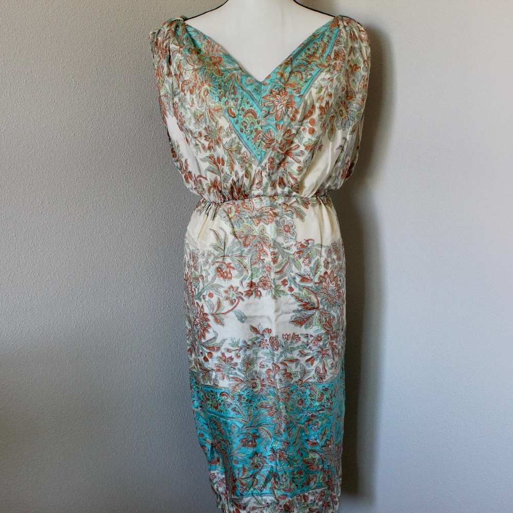 Vintage Cream, Teal, and Coral Floral V-Neck Dolman Sleeve Dress